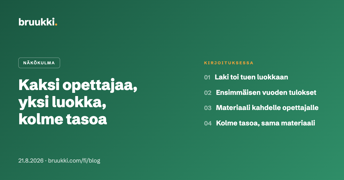 Kaksi opettajaa, yksi luokka, kolme tasoa